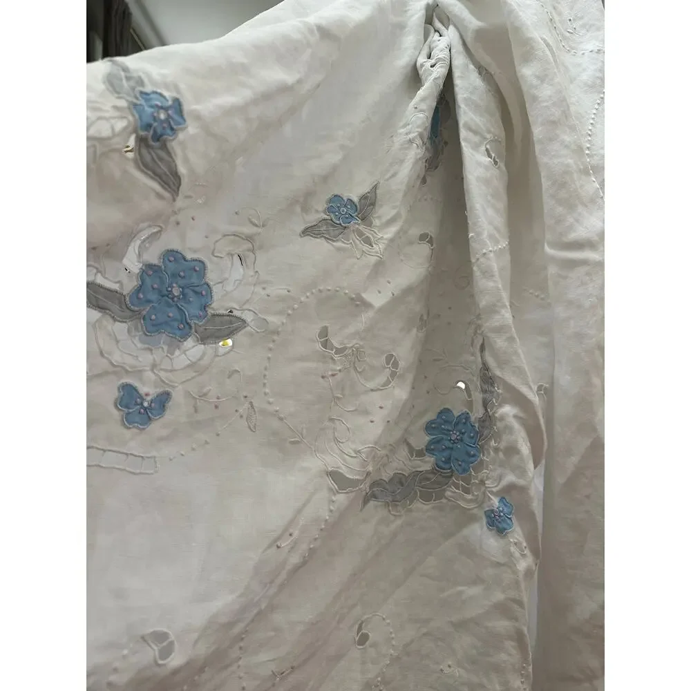 Vintage Hand Embroidered Tablecloth White floral blue linen cut out 98x58”